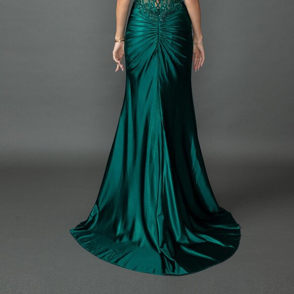 New Beaded Maxi Evening Satin Dress w/ Lace Up Back & Sexy Leg Slit DQ 4560 - Picture 8 of 8